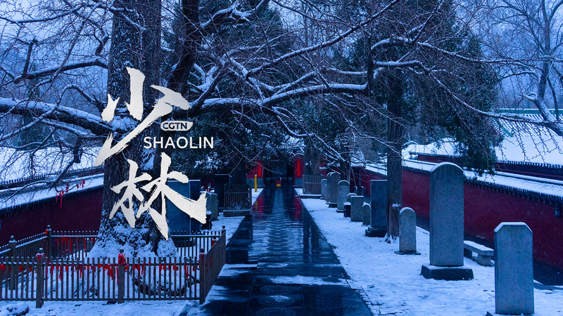春の雪に包まれた少林寺　白と朱が際立つ静寂の風景