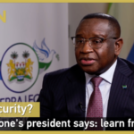 News interview with Sierra Leone's president; on-screen headline reads 'Food security?' and 'Sierra Leone's president says: learn from China', CGTN logo visible.